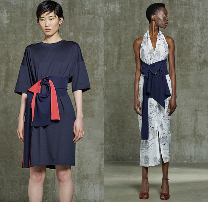 Hussein Chalayan 2020 Resort Cruise Pre-Spring Womens Lookbook Presentation - Deconstructed Drape Gather Twist Curl Knot Tied Laces Folds Cinch Drawstring Strings Strap Silk Satin Blouse Stripes Onesie Shirtdress Mesh Blazerdress Contrast Stitching Coat Hay Print Extra Sleeve Obi Sash Wrap Band Halterneck Dress Jumpsuit Coveralls Wide Leg Skirt Double Hem Shorts Fringes