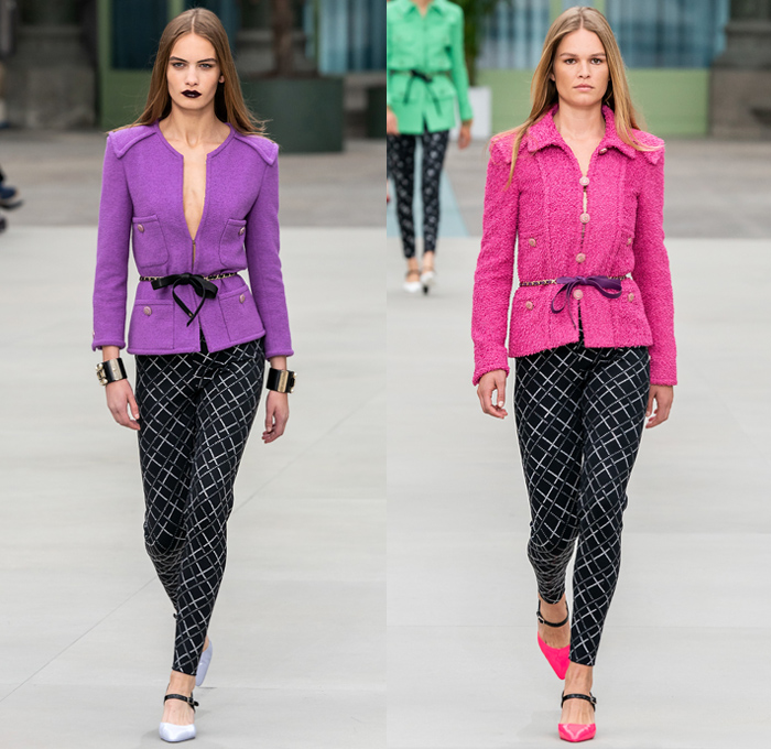 Chanel 2020 Resort Cruise Pre-Spring Womens Runway Catwalk Looks Collection Paris Grand Palais - Mom Chic Clocks Tweed Jacket Trench Coat Giant Bow Chain Knit Cardigan Cargo Pockets Cap Sleeve Bib Leather Bedazzled Beads Lace Embroidery Plaid Check Trompe L'oeil Flowers Floral Miniskirt Motorcycle Biker Vest Tabard Gloves Jumpsuit Coveralls Logo Mania Cuffs Tiered Ruffles Sheer Chiffon Halterneck Wide Leg Low Crotch Cropped Palazzo Sailor Pants Shorts Quilted Fanny Pack Bum Bag