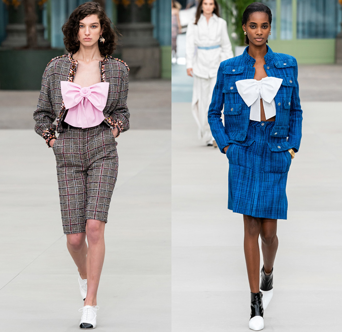 Chanel 2020 Resort Cruise Pre-Spring Womens Runway Catwalk Looks Collection Paris Grand Palais - Mom Chic Clocks Tweed Jacket Trench Coat Giant Bow Chain Knit Cardigan Cargo Pockets Cap Sleeve Bib Leather Bedazzled Beads Lace Embroidery Plaid Check Trompe L'oeil Flowers Floral Miniskirt Motorcycle Biker Vest Tabard Gloves Jumpsuit Coveralls Logo Mania Cuffs Tiered Ruffles Sheer Chiffon Halterneck Wide Leg Low Crotch Cropped Palazzo Sailor Pants Shorts Quilted Fanny Pack Bum Bag