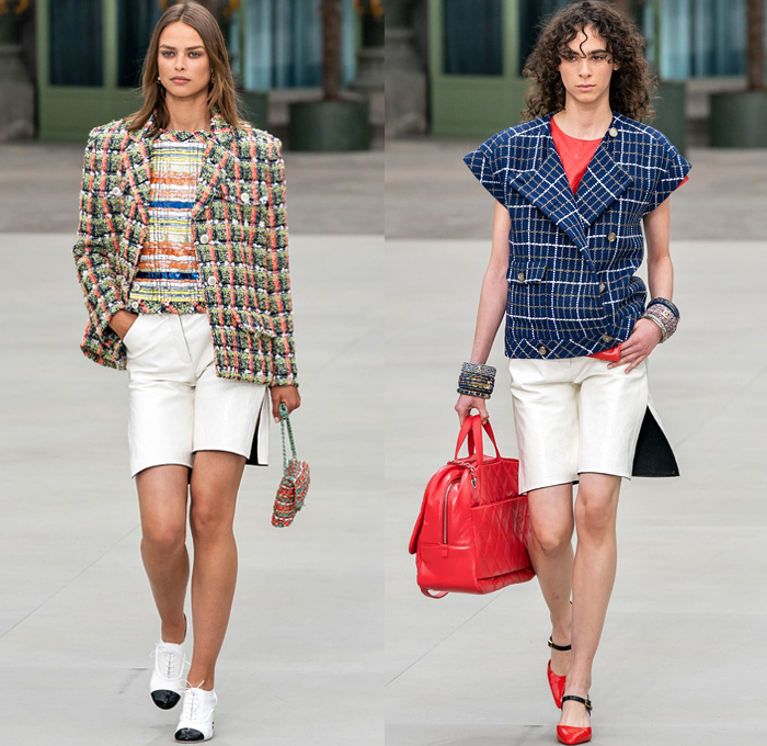 Chanel 2020 Resort Cruise Pre-Spring Womens Runway Catwalk Looks Collection Paris Grand Palais - Mom Chic Clocks Tweed Jacket Trench Coat Giant Bow Chain Knit Cardigan Cargo Pockets Cap Sleeve Bib Leather Bedazzled Beads Lace Embroidery Plaid Check Trompe L'oeil Flowers Floral Miniskirt Motorcycle Biker Vest Tabard Gloves Jumpsuit Coveralls Logo Mania Cuffs Tiered Ruffles Sheer Chiffon Halterneck Wide Leg Low Crotch Cropped Palazzo Sailor Pants Shorts Quilted Fanny Pack Bum Bag