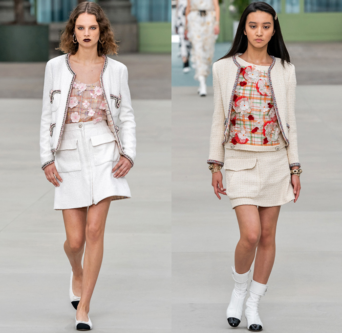 Chanel 2020 Resort Cruise Pre-Spring Womens Runway Catwalk Looks Collection Paris Grand Palais - Mom Chic Clocks Tweed Jacket Trench Coat Giant Bow Chain Knit Cardigan Cargo Pockets Cap Sleeve Bib Leather Bedazzled Beads Lace Embroidery Plaid Check Trompe L'oeil Flowers Floral Miniskirt Motorcycle Biker Vest Tabard Gloves Jumpsuit Coveralls Logo Mania Cuffs Tiered Ruffles Sheer Chiffon Halterneck Wide Leg Low Crotch Cropped Palazzo Sailor Pants Shorts Quilted Fanny Pack Bum Bag