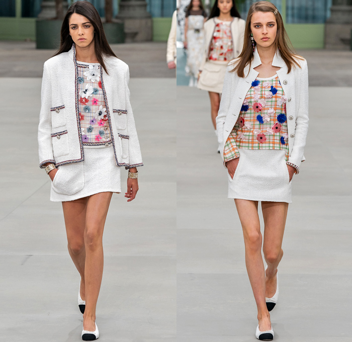 Chanel 2020 Resort Cruise Pre-Spring Womens Runway Catwalk Looks Collection Paris Grand Palais - Mom Chic Clocks Tweed Jacket Trench Coat Giant Bow Chain Knit Cardigan Cargo Pockets Cap Sleeve Bib Leather Bedazzled Beads Lace Embroidery Plaid Check Trompe L'oeil Flowers Floral Miniskirt Motorcycle Biker Vest Tabard Gloves Jumpsuit Coveralls Logo Mania Cuffs Tiered Ruffles Sheer Chiffon Halterneck Wide Leg Low Crotch Cropped Palazzo Sailor Pants Shorts Quilted Fanny Pack Bum Bag