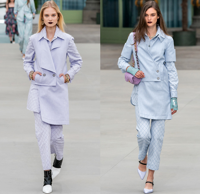 Chanel 2020 Resort Cruise Pre-Spring Womens Runway Catwalk Looks Collection Paris Grand Palais - Mom Chic Clocks Tweed Jacket Trench Coat Giant Bow Chain Knit Cardigan Cargo Pockets Cap Sleeve Bib Leather Bedazzled Beads Lace Embroidery Plaid Check Trompe L'oeil Flowers Floral Miniskirt Motorcycle Biker Vest Tabard Gloves Jumpsuit Coveralls Logo Mania Cuffs Tiered Ruffles Sheer Chiffon Halterneck Wide Leg Low Crotch Cropped Palazzo Sailor Pants Shorts Quilted Fanny Pack Bum Bag