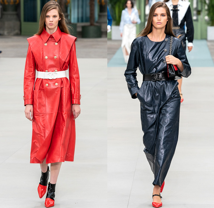 Chanel 2020 Resort Cruise Pre-Spring Womens Runway Catwalk Looks Collection Paris Grand Palais - Mom Chic Clocks Tweed Jacket Trench Coat Giant Bow Chain Knit Cardigan Cargo Pockets Cap Sleeve Bib Leather Bedazzled Beads Lace Embroidery Plaid Check Trompe L'oeil Flowers Floral Miniskirt Motorcycle Biker Vest Tabard Gloves Jumpsuit Coveralls Logo Mania Cuffs Tiered Ruffles Sheer Chiffon Halterneck Wide Leg Low Crotch Cropped Palazzo Sailor Pants Shorts Quilted Fanny Pack Bum Bag