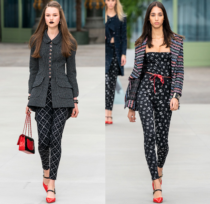 Chanel 2020 Resort Cruise Pre-Spring Womens Runway Catwalk Looks Collection Paris Grand Palais - Mom Chic Clocks Tweed Jacket Trench Coat Giant Bow Chain Knit Cardigan Cargo Pockets Cap Sleeve Bib Leather Bedazzled Beads Lace Embroidery Plaid Check Trompe L'oeil Flowers Floral Miniskirt Motorcycle Biker Vest Tabard Gloves Jumpsuit Coveralls Logo Mania Cuffs Tiered Ruffles Sheer Chiffon Halterneck Wide Leg Low Crotch Cropped Palazzo Sailor Pants Shorts Quilted Fanny Pack Bum Bag