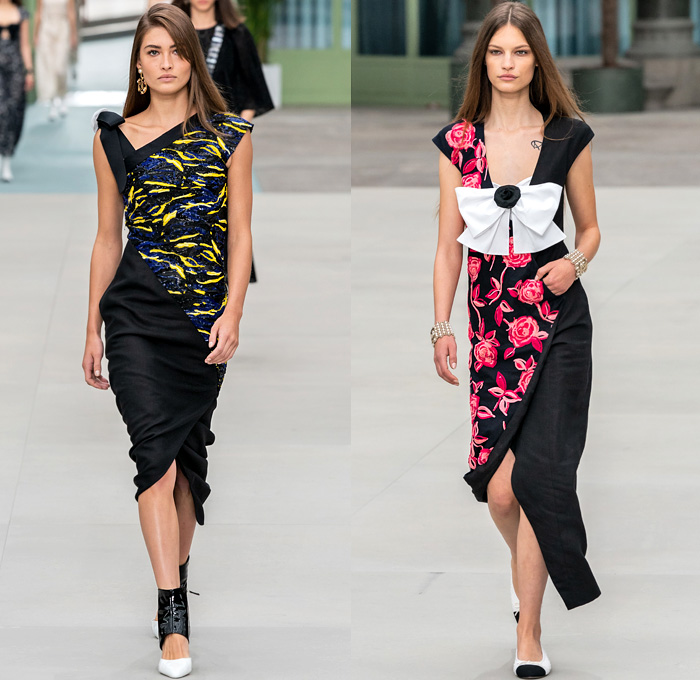 Chanel 2020 Resort Cruise Pre-Spring Womens Runway Catwalk Looks Collection Paris Grand Palais - Mom Chic Clocks Tweed Jacket Trench Coat Giant Bow Chain Knit Cardigan Cargo Pockets Cap Sleeve Bib Leather Bedazzled Beads Lace Embroidery Plaid Check Trompe L'oeil Flowers Floral Miniskirt Motorcycle Biker Vest Tabard Gloves Jumpsuit Coveralls Logo Mania Cuffs Tiered Ruffles Sheer Chiffon Halterneck Wide Leg Low Crotch Cropped Palazzo Sailor Pants Shorts Quilted Fanny Pack Bum Bag