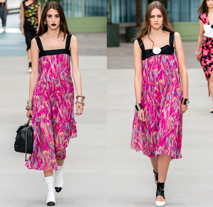 Chanel 2020 Resort Cruise Pre-Spring Womens Runway Catwalk Looks Collection Paris Grand Palais - Mom Chic Clocks Tweed Jacket Trench Coat Giant Bow Chain Knit Cardigan Cargo Pockets Cap Sleeve Bib Leather Bedazzled Beads Lace Embroidery Plaid Check Trompe L'oeil Flowers Floral Miniskirt Motorcycle Biker Vest Tabard Gloves Jumpsuit Coveralls Logo Mania Cuffs Tiered Ruffles Sheer Chiffon Halterneck Wide Leg Low Crotch Cropped Palazzo Sailor Pants Shorts Quilted Fanny Pack Bum Bag
