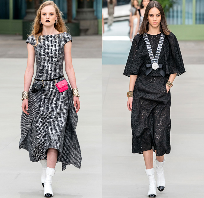 Chanel 2020 Resort Cruise Pre-Spring Womens Runway Catwalk Looks Collection Paris Grand Palais - Mom Chic Clocks Tweed Jacket Trench Coat Giant Bow Chain Knit Cardigan Cargo Pockets Cap Sleeve Bib Leather Bedazzled Beads Lace Embroidery Plaid Check Trompe L'oeil Flowers Floral Miniskirt Motorcycle Biker Vest Tabard Gloves Jumpsuit Coveralls Logo Mania Cuffs Tiered Ruffles Sheer Chiffon Halterneck Wide Leg Low Crotch Cropped Palazzo Sailor Pants Shorts Quilted Fanny Pack Bum Bag