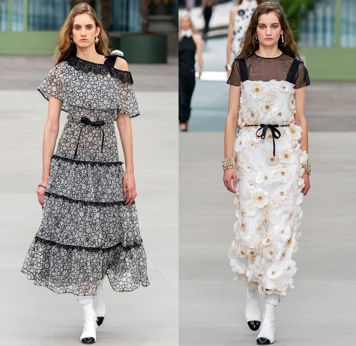 Chanel 2020 Resort Cruise Pre-Spring Womens Runway Catwalk Looks Collection Paris Grand Palais - Mom Chic Clocks Tweed Jacket Trench Coat Giant Bow Chain Knit Cardigan Cargo Pockets Cap Sleeve Bib Leather Bedazzled Beads Lace Embroidery Plaid Check Trompe L'oeil Flowers Floral Miniskirt Motorcycle Biker Vest Tabard Gloves Jumpsuit Coveralls Logo Mania Cuffs Tiered Ruffles Sheer Chiffon Halterneck Wide Leg Low Crotch Cropped Palazzo Sailor Pants Shorts Quilted Fanny Pack Bum Bag