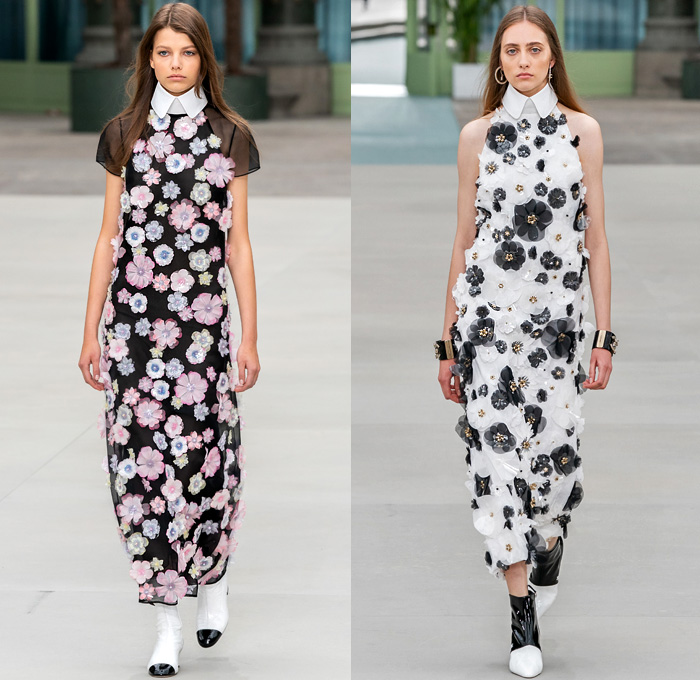 Chanel 2020 Resort Cruise Pre-Spring Womens Runway Catwalk Looks Collection Paris Grand Palais - Mom Chic Clocks Tweed Jacket Trench Coat Giant Bow Chain Knit Cardigan Cargo Pockets Cap Sleeve Bib Leather Bedazzled Beads Lace Embroidery Plaid Check Trompe L'oeil Flowers Floral Miniskirt Motorcycle Biker Vest Tabard Gloves Jumpsuit Coveralls Logo Mania Cuffs Tiered Ruffles Sheer Chiffon Halterneck Wide Leg Low Crotch Cropped Palazzo Sailor Pants Shorts Quilted Fanny Pack Bum Bag