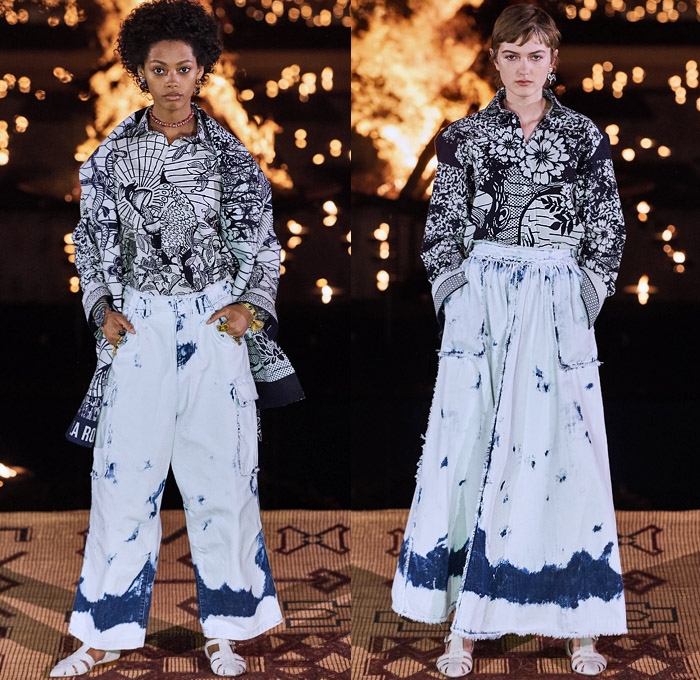 Christian Dior 2020 Resort Cruise Pre-Spring Womens Runway Catwalk Looks Collection Marrakech Morocco - African Wax Illustration Ornamental Tropical Prints Mythology Garden Flowers Floral Birds Tribal Poncho Coat Parka Fringes Headband Blouse Camouflage Bib Armor Accordion Pleats Sheer Chiffon Lace Cutwork Bedazzled Embroidery Sleeveless Halterneck Strapless Knot Bow Frayed Maxi Dress Gown Wide Leg Bleached Acid Wash Denim Jeans Jumpsuit Long Skirt Boots Handbag Basket Tote