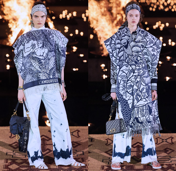 Christian Dior 2020 Resort Cruise Pre-Spring Womens Runway Catwalk Looks Collection Marrakech Morocco - African Wax Illustration Ornamental Tropical Prints Mythology Garden Flowers Floral Birds Tribal Poncho Coat Parka Fringes Headband Blouse Camouflage Bib Armor Accordion Pleats Sheer Chiffon Lace Cutwork Bedazzled Embroidery Sleeveless Halterneck Strapless Knot Bow Frayed Maxi Dress Gown Wide Leg Bleached Acid Wash Denim Jeans Jumpsuit Long Skirt Boots Handbag Basket Tote