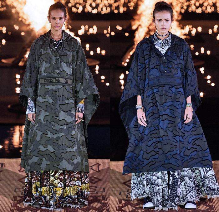 Christian Dior 2020 Resort Cruise Pre-Spring Womens Runway Catwalk Looks Collection Marrakech Morocco - African Wax Illustration Ornamental Tropical Prints Mythology Garden Flowers Floral Birds Tribal Poncho Coat Parka Fringes Headband Blouse Camouflage Bib Armor Accordion Pleats Sheer Chiffon Lace Cutwork Bedazzled Embroidery Sleeveless Halterneck Strapless Knot Bow Frayed Maxi Dress Gown Wide Leg Bleached Acid Wash Denim Jeans Jumpsuit Long Skirt Boots Handbag Basket Tote