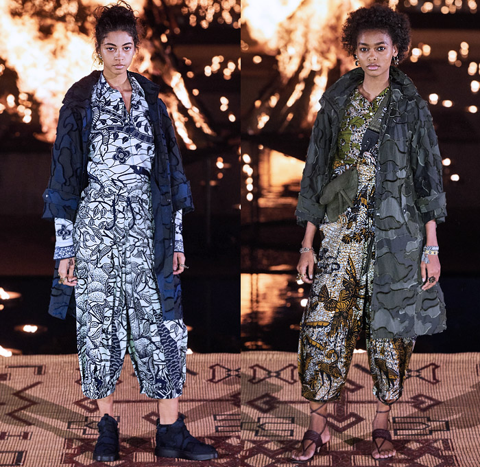 Christian Dior 2020 Resort Cruise Pre-Spring Womens Runway Catwalk Looks Collection Marrakech Morocco - African Wax Illustration Ornamental Tropical Prints Mythology Garden Flowers Floral Birds Tribal Poncho Coat Parka Fringes Headband Blouse Camouflage Bib Armor Accordion Pleats Sheer Chiffon Lace Cutwork Bedazzled Embroidery Sleeveless Halterneck Strapless Knot Bow Frayed Maxi Dress Gown Wide Leg Bleached Acid Wash Denim Jeans Jumpsuit Long Skirt Boots Handbag Basket Tote