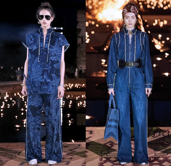 Christian Dior 2020 Resort Cruise Pre-Spring Womens Runway Catwalk Looks Collection Marrakech Morocco - African Wax Illustration Ornamental Tropical Prints Mythology Garden Flowers Floral Birds Tribal Poncho Coat Parka Fringes Headband Blouse Camouflage Bib Armor Accordion Pleats Sheer Chiffon Lace Cutwork Bedazzled Embroidery Sleeveless Halterneck Strapless Knot Bow Frayed Maxi Dress Gown Wide Leg Bleached Acid Wash Denim Jeans Jumpsuit Long Skirt Boots Handbag Basket Tote