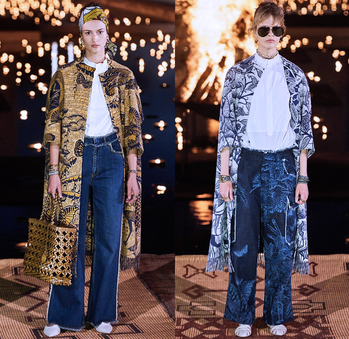 Christian Dior 2020 Resort Cruise Pre-Spring Womens Runway Catwalk Looks Collection Marrakech Morocco - African Wax Illustration Ornamental Tropical Prints Mythology Garden Flowers Floral Birds Tribal Poncho Coat Parka Fringes Headband Blouse Camouflage Bib Armor Accordion Pleats Sheer Chiffon Lace Cutwork Bedazzled Embroidery Sleeveless Halterneck Strapless Knot Bow Frayed Maxi Dress Gown Wide Leg Bleached Acid Wash Denim Jeans Jumpsuit Long Skirt Boots Handbag Basket Tote