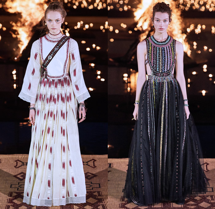 Christian Dior 2020 Resort Cruise Pre-Spring Womens Runway Catwalk Looks Collection Marrakech Morocco - African Wax Illustration Ornamental Tropical Prints Mythology Garden Flowers Floral Birds Tribal Poncho Coat Parka Fringes Headband Blouse Camouflage Bib Armor Accordion Pleats Sheer Chiffon Lace Cutwork Bedazzled Embroidery Sleeveless Halterneck Strapless Knot Bow Frayed Maxi Dress Gown Wide Leg Bleached Acid Wash Denim Jeans Jumpsuit Long Skirt Boots Handbag Basket Tote