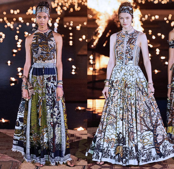 Christian Dior 2020 Resort Cruise Pre-Spring Womens Runway Catwalk Looks Collection Marrakech Morocco - African Wax Illustration Ornamental Tropical Prints Mythology Garden Flowers Floral Birds Tribal Poncho Coat Parka Fringes Headband Blouse Camouflage Bib Armor Accordion Pleats Sheer Chiffon Lace Cutwork Bedazzled Embroidery Sleeveless Halterneck Strapless Knot Bow Frayed Maxi Dress Gown Wide Leg Bleached Acid Wash Denim Jeans Jumpsuit Long Skirt Boots Handbag Basket Tote