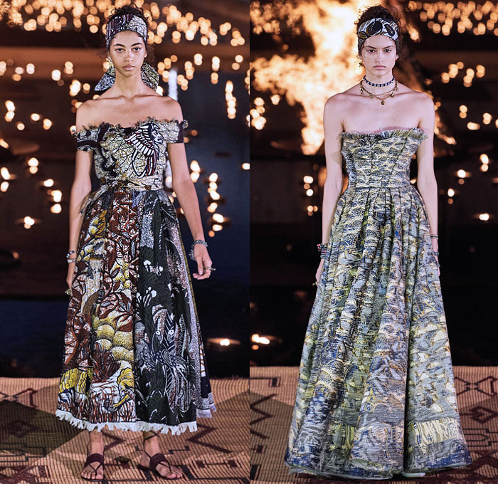 Christian Dior 2020 Resort Cruise Pre-Spring Womens Runway Catwalk Looks Collection Marrakech Morocco - African Wax Illustration Ornamental Tropical Prints Mythology Garden Flowers Floral Birds Tribal Poncho Coat Parka Fringes Headband Blouse Camouflage Bib Armor Accordion Pleats Sheer Chiffon Lace Cutwork Bedazzled Embroidery Sleeveless Halterneck Strapless Knot Bow Frayed Maxi Dress Gown Wide Leg Bleached Acid Wash Denim Jeans Jumpsuit Long Skirt Boots Handbag Basket Tote