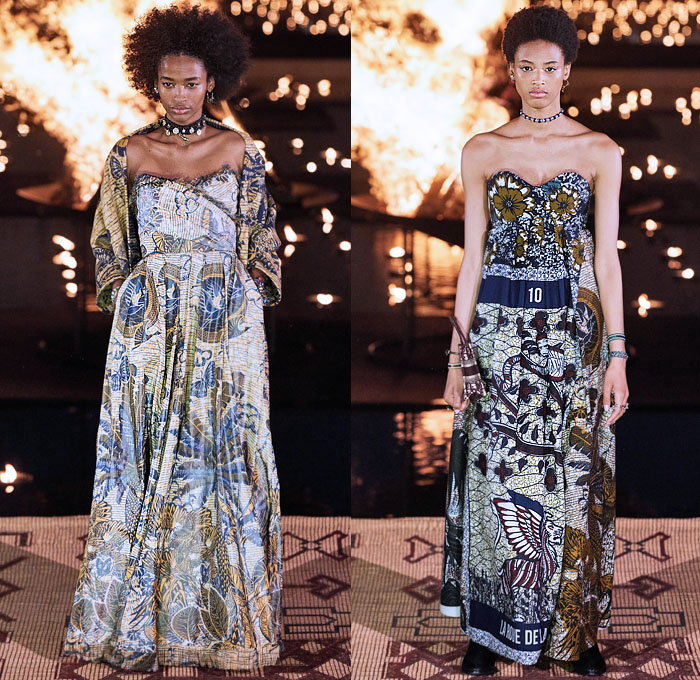 Christian Dior 2020 Resort Cruise Pre-Spring Womens Runway Catwalk Looks Collection Marrakech Morocco - African Wax Illustration Ornamental Tropical Prints Mythology Garden Flowers Floral Birds Tribal Poncho Coat Parka Fringes Headband Blouse Camouflage Bib Armor Accordion Pleats Sheer Chiffon Lace Cutwork Bedazzled Embroidery Sleeveless Halterneck Strapless Knot Bow Frayed Maxi Dress Gown Wide Leg Bleached Acid Wash Denim Jeans Jumpsuit Long Skirt Boots Handbag Basket Tote