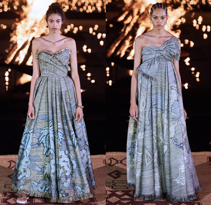 Christian Dior 2020 Resort Cruise Pre-Spring Womens Runway Catwalk Looks Collection Marrakech Morocco - African Wax Illustration Ornamental Tropical Prints Mythology Garden Flowers Floral Birds Tribal Poncho Coat Parka Fringes Headband Blouse Camouflage Bib Armor Accordion Pleats Sheer Chiffon Lace Cutwork Bedazzled Embroidery Sleeveless Halterneck Strapless Knot Bow Frayed Maxi Dress Gown Wide Leg Bleached Acid Wash Denim Jeans Jumpsuit Long Skirt Boots Handbag Basket Tote