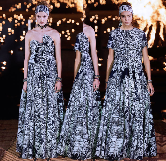 Christian Dior 2020 Resort Cruise Pre-Spring Womens Runway Catwalk Looks Collection Marrakech Morocco - African Wax Illustration Ornamental Tropical Prints Mythology Garden Flowers Floral Birds Tribal Poncho Coat Parka Fringes Headband Blouse Camouflage Bib Armor Accordion Pleats Sheer Chiffon Lace Cutwork Bedazzled Embroidery Sleeveless Halterneck Strapless Knot Bow Frayed Maxi Dress Gown Wide Leg Bleached Acid Wash Denim Jeans Jumpsuit Long Skirt Boots Handbag Basket Tote