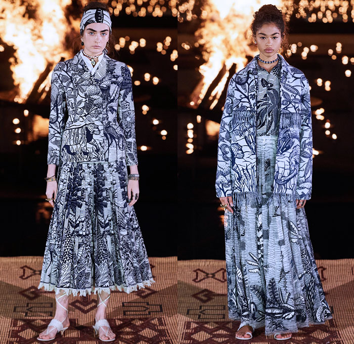 Christian Dior 2020 Resort Cruise Pre-Spring Womens Runway Catwalk Looks Collection Marrakech Morocco - African Wax Illustration Ornamental Tropical Prints Mythology Garden Flowers Floral Birds Tribal Poncho Coat Parka Fringes Headband Blouse Camouflage Bib Armor Accordion Pleats Sheer Chiffon Lace Cutwork Bedazzled Embroidery Sleeveless Halterneck Strapless Knot Bow Frayed Maxi Dress Gown Wide Leg Bleached Acid Wash Denim Jeans Jumpsuit Long Skirt Boots Handbag Basket Tote