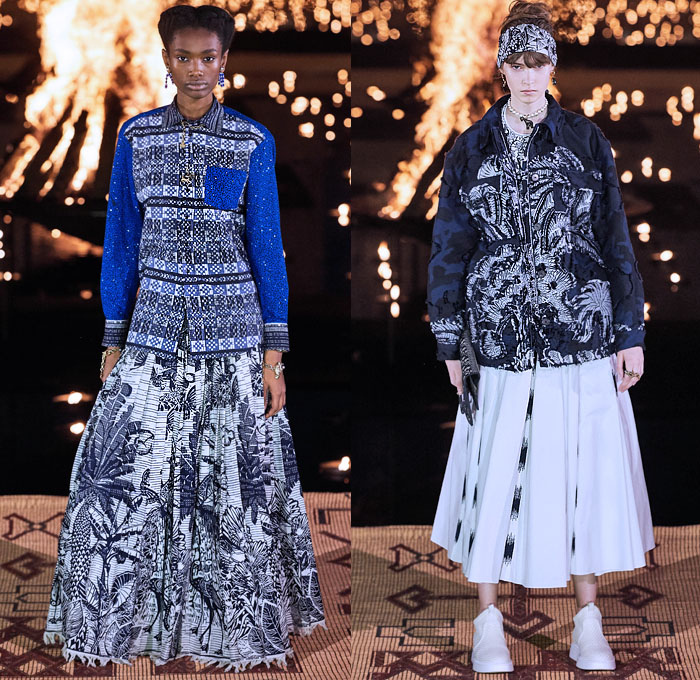 Christian Dior 2020 Resort Cruise Pre-Spring Womens Runway Catwalk Looks Collection Marrakech Morocco - African Wax Illustration Ornamental Tropical Prints Mythology Garden Flowers Floral Birds Tribal Poncho Coat Parka Fringes Headband Blouse Camouflage Bib Armor Accordion Pleats Sheer Chiffon Lace Cutwork Bedazzled Embroidery Sleeveless Halterneck Strapless Knot Bow Frayed Maxi Dress Gown Wide Leg Bleached Acid Wash Denim Jeans Jumpsuit Long Skirt Boots Handbag Basket Tote