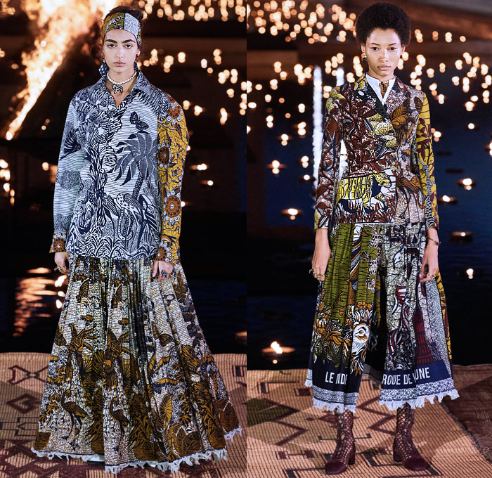 Christian Dior 2020 Resort Cruise Pre-Spring Womens Runway Catwalk Looks Collection Marrakech Morocco - African Wax Illustration Ornamental Tropical Prints Mythology Garden Flowers Floral Birds Tribal Poncho Coat Parka Fringes Headband Blouse Camouflage Bib Armor Accordion Pleats Sheer Chiffon Lace Cutwork Bedazzled Embroidery Sleeveless Halterneck Strapless Knot Bow Frayed Maxi Dress Gown Wide Leg Bleached Acid Wash Denim Jeans Jumpsuit Long Skirt Boots Handbag Basket Tote