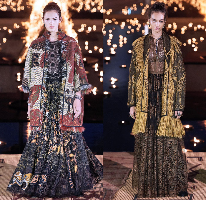 Christian Dior 2020 Resort Cruise Pre-Spring Womens Runway Catwalk Looks Collection Marrakech Morocco - African Wax Illustration Ornamental Tropical Prints Mythology Garden Flowers Floral Birds Tribal Poncho Coat Parka Fringes Headband Blouse Camouflage Bib Armor Accordion Pleats Sheer Chiffon Lace Cutwork Bedazzled Embroidery Sleeveless Halterneck Strapless Knot Bow Frayed Maxi Dress Gown Wide Leg Bleached Acid Wash Denim Jeans Jumpsuit Long Skirt Boots Handbag Basket Tote