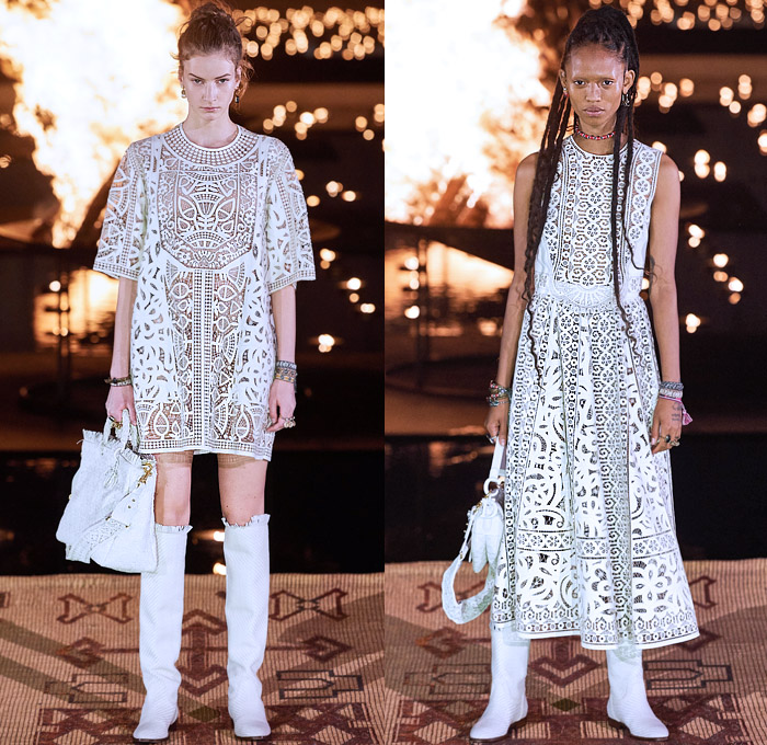 Christian Dior 2020 Resort Cruise Pre-Spring Womens Runway Catwalk Looks Collection Marrakech Morocco - African Wax Illustration Ornamental Tropical Prints Mythology Garden Flowers Floral Birds Tribal Poncho Coat Parka Fringes Headband Blouse Camouflage Bib Armor Accordion Pleats Sheer Chiffon Lace Cutwork Bedazzled Embroidery Sleeveless Halterneck Strapless Knot Bow Frayed Maxi Dress Gown Wide Leg Bleached Acid Wash Denim Jeans Jumpsuit Long Skirt Boots Handbag Basket Tote