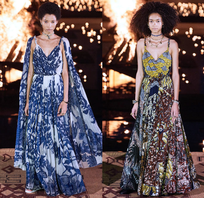 Christian Dior 2020 Resort Cruise Pre-Spring Womens Runway Catwalk Looks Collection Marrakech Morocco - African Wax Illustration Ornamental Tropical Prints Mythology Garden Flowers Floral Birds Tribal Poncho Coat Parka Fringes Headband Blouse Camouflage Bib Armor Accordion Pleats Sheer Chiffon Lace Cutwork Bedazzled Embroidery Sleeveless Halterneck Strapless Knot Bow Frayed Maxi Dress Gown Wide Leg Bleached Acid Wash Denim Jeans Jumpsuit Long Skirt Boots Handbag Basket Tote