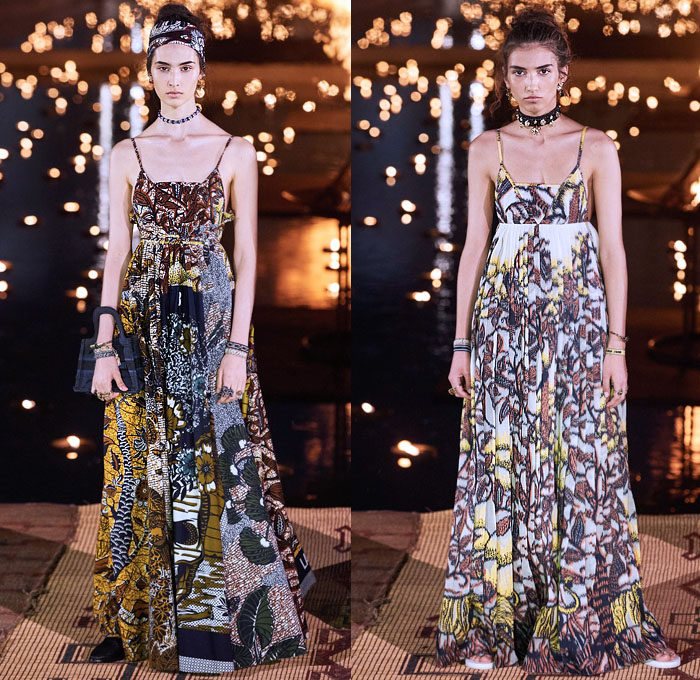 Christian Dior 2020 Resort Cruise Pre-Spring Womens Runway Catwalk Looks Collection Marrakech Morocco - African Wax Illustration Ornamental Tropical Prints Mythology Garden Flowers Floral Birds Tribal Poncho Coat Parka Fringes Headband Blouse Camouflage Bib Armor Accordion Pleats Sheer Chiffon Lace Cutwork Bedazzled Embroidery Sleeveless Halterneck Strapless Knot Bow Frayed Maxi Dress Gown Wide Leg Bleached Acid Wash Denim Jeans Jumpsuit Long Skirt Boots Handbag Basket Tote