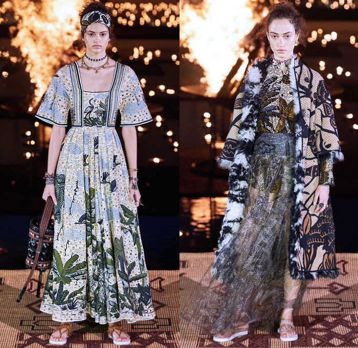 Christian Dior 2020 Resort Cruise Pre-Spring Womens Runway Catwalk Looks Collection Marrakech Morocco - African Wax Illustration Ornamental Tropical Prints Mythology Garden Flowers Floral Birds Tribal Poncho Coat Parka Fringes Headband Blouse Camouflage Bib Armor Accordion Pleats Sheer Chiffon Lace Cutwork Bedazzled Embroidery Sleeveless Halterneck Strapless Knot Bow Frayed Maxi Dress Gown Wide Leg Bleached Acid Wash Denim Jeans Jumpsuit Long Skirt Boots Handbag Basket Tote