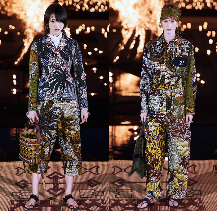 Christian Dior 2020 Resort Cruise Pre-Spring Womens Runway Catwalk Looks Collection Marrakech Morocco - African Wax Illustration Ornamental Tropical Prints Mythology Garden Flowers Floral Birds Tribal Poncho Coat Parka Fringes Headband Blouse Camouflage Bib Armor Accordion Pleats Sheer Chiffon Lace Cutwork Bedazzled Embroidery Sleeveless Halterneck Strapless Knot Bow Frayed Maxi Dress Gown Wide Leg Bleached Acid Wash Denim Jeans Jumpsuit Long Skirt Boots Handbag Basket Tote