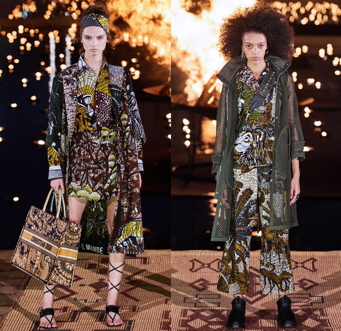 Christian Dior 2020 Resort Cruise Pre-Spring Womens Runway Catwalk Looks Collection Marrakech Morocco - African Wax Illustration Ornamental Tropical Prints Mythology Garden Flowers Floral Birds Tribal Poncho Coat Parka Fringes Headband Blouse Camouflage Bib Armor Accordion Pleats Sheer Chiffon Lace Cutwork Bedazzled Embroidery Sleeveless Halterneck Strapless Knot Bow Frayed Maxi Dress Gown Wide Leg Bleached Acid Wash Denim Jeans Jumpsuit Long Skirt Boots Handbag Basket Tote