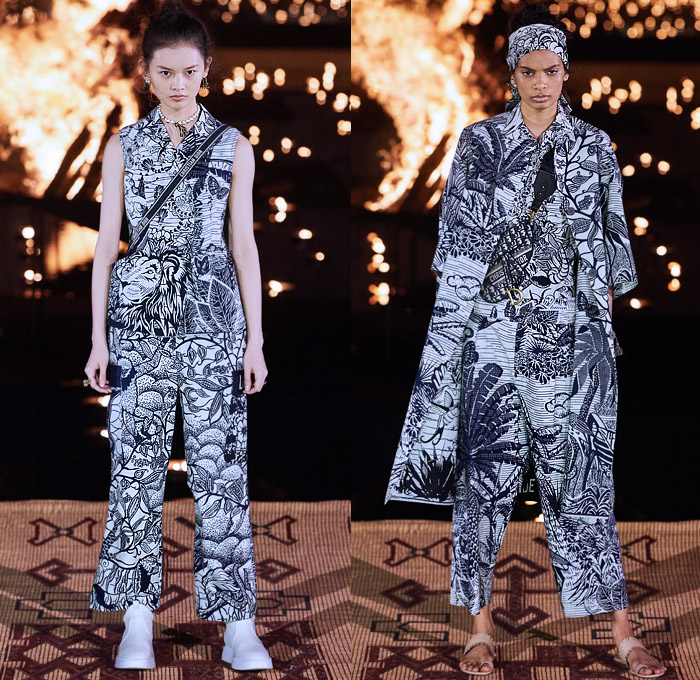 Christian Dior 2020 Resort Cruise Pre-Spring Womens Runway Catwalk Looks Collection Marrakech Morocco - African Wax Illustration Ornamental Tropical Prints Mythology Garden Flowers Floral Birds Tribal Poncho Coat Parka Fringes Headband Blouse Camouflage Bib Armor Accordion Pleats Sheer Chiffon Lace Cutwork Bedazzled Embroidery Sleeveless Halterneck Strapless Knot Bow Frayed Maxi Dress Gown Wide Leg Bleached Acid Wash Denim Jeans Jumpsuit Long Skirt Boots Handbag Basket Tote