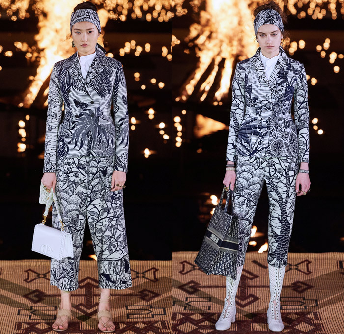 Christian Dior 2020 Resort Cruise Pre-Spring Womens Runway Catwalk Looks Collection Marrakech Morocco - African Wax Illustration Ornamental Tropical Prints Mythology Garden Flowers Floral Birds Tribal Poncho Coat Parka Fringes Headband Blouse Camouflage Bib Armor Accordion Pleats Sheer Chiffon Lace Cutwork Bedazzled Embroidery Sleeveless Halterneck Strapless Knot Bow Frayed Maxi Dress Gown Wide Leg Bleached Acid Wash Denim Jeans Jumpsuit Long Skirt Boots Handbag Basket Tote