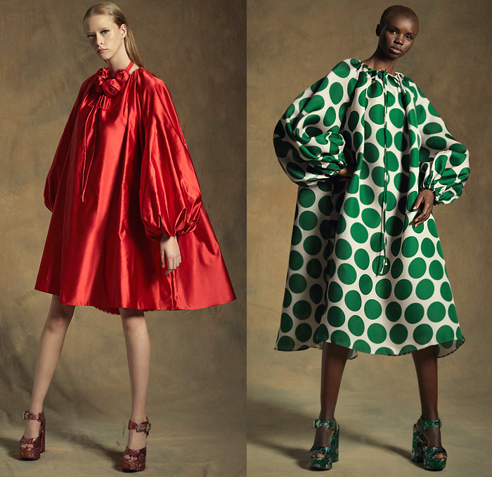 Dice Kayek 2020 Resort Cruise Pre-Spring Womens Lookbook Presentation - Djellaba Shirtdress Oversized Maxi Dress Poufy Shoulders Puff Sleeves Silk Satin Jacquard Brocade Tiered Ruffles Ruche Roses Flowers Floral Polka Dots Geometric Striped Tied Knot Wide Lapel Coat Lace Cutwork Embroidery Chambray Cinch Accordion Pleats Skirt Denim Trucker Jacket Jean Shorts Culottes Sheer Tulle Tutu Turtleneck Peplum Wide Leg Palazzo Pants Gold Pantsuit Platform Heels