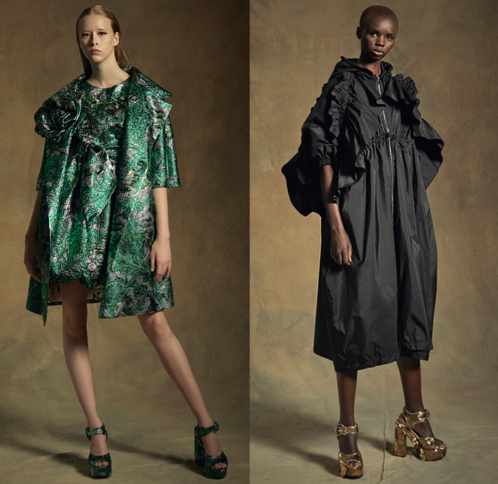 Dice Kayek 2020 Resort Cruise Pre-Spring Womens Lookbook Presentation - Djellaba Shirtdress Oversized Maxi Dress Poufy Shoulders Puff Sleeves Silk Satin Jacquard Brocade Tiered Ruffles Ruche Roses Flowers Floral Polka Dots Geometric Striped Tied Knot Wide Lapel Coat Lace Cutwork Embroidery Chambray Cinch Accordion Pleats Skirt Denim Trucker Jacket Jean Shorts Culottes Sheer Tulle Tutu Turtleneck Peplum Wide Leg Palazzo Pants Gold Pantsuit Platform Heels