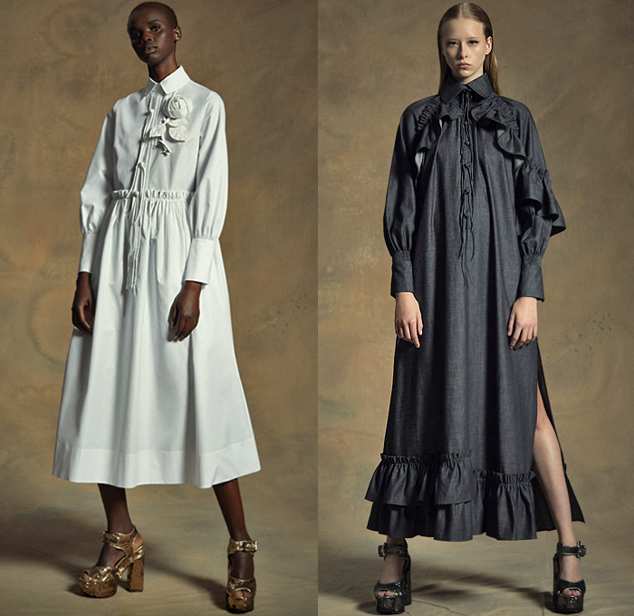 Dice Kayek 2020 Resort Cruise Pre-Spring Womens Lookbook Presentation - Djellaba Shirtdress Oversized Maxi Dress Poufy Shoulders Puff Sleeves Silk Satin Jacquard Brocade Tiered Ruffles Ruche Roses Flowers Floral Polka Dots Geometric Striped Tied Knot Wide Lapel Coat Lace Cutwork Embroidery Chambray Cinch Accordion Pleats Skirt Denim Trucker Jacket Jean Shorts Culottes Sheer Tulle Tutu Turtleneck Peplum Wide Leg Palazzo Pants Gold Pantsuit Platform Heels