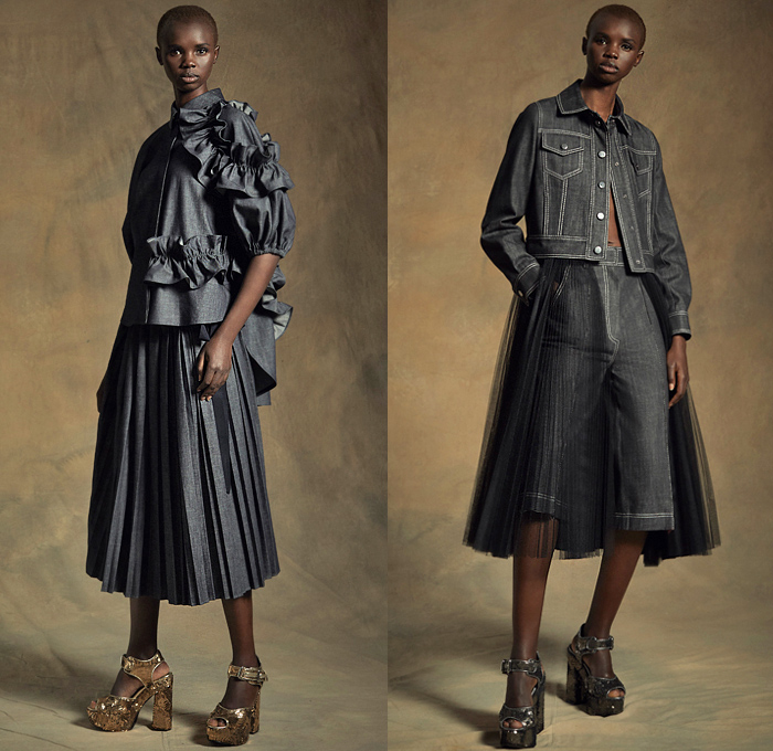 Dice Kayek 2020 Resort Cruise Pre-Spring Womens Lookbook Presentation - Djellaba Shirtdress Oversized Maxi Dress Poufy Shoulders Puff Sleeves Silk Satin Jacquard Brocade Tiered Ruffles Ruche Roses Flowers Floral Polka Dots Geometric Striped Tied Knot Wide Lapel Coat Lace Cutwork Embroidery Chambray Cinch Accordion Pleats Skirt Denim Trucker Jacket Jean Shorts Culottes Sheer Tulle Tutu Turtleneck Peplum Wide Leg Palazzo Pants Gold Pantsuit Platform Heels