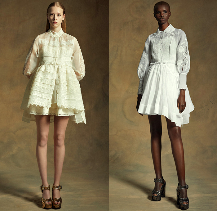 Dice Kayek 2020 Resort Cruise Pre-Spring Womens Lookbook Presentation - Djellaba Shirtdress Oversized Maxi Dress Poufy Shoulders Puff Sleeves Silk Satin Jacquard Brocade Tiered Ruffles Ruche Roses Flowers Floral Polka Dots Geometric Striped Tied Knot Wide Lapel Coat Lace Cutwork Embroidery Chambray Cinch Accordion Pleats Skirt Denim Trucker Jacket Jean Shorts Culottes Sheer Tulle Tutu Turtleneck Peplum Wide Leg Palazzo Pants Gold Pantsuit Platform Heels