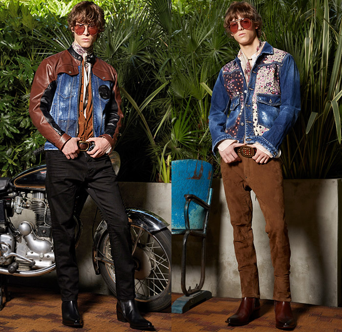 Dsquared2 2020 Resort Cruise Pre-Spring Mens Lookbook Presentation - Motorcycle Biker Rider Leather Hybrid Denim Jeans Jacket Scarf Beads Patchwork Flowers Floral Print Cargo Utility Pockets Suede Pants Boots Colored Sunglasses