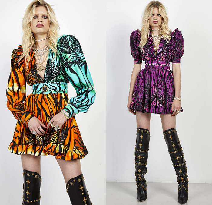 Fausto Puglisi 2020 Resort Cruise Pre-Spring Womens Lookbook Presentation - Dionysus Medallions Coins Studs Crosses Sunburst Bedazzled Cutout Waist Babydoll Dress Motorcycle Biker Jacket Colorblock Pantsuit Blazer Pencil Skirt Flare Pants Tweed Coat Fringes Fern Foliage Leaves Zebra Print Poufy Shoulders Tiered Ruffles Blouse Fishnet One Shoulder Bodycon Thigh High Leather Metallic Boots