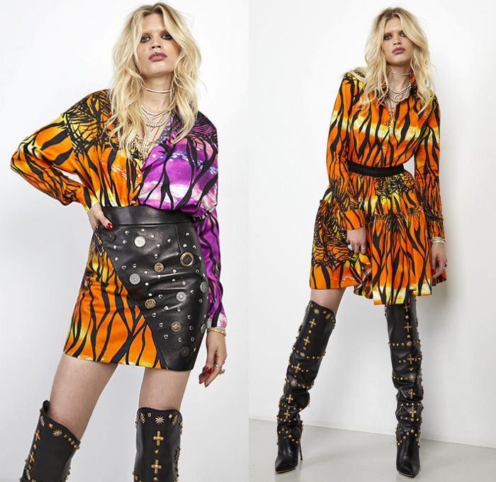 Fausto Puglisi 2020 Resort Cruise Pre-Spring Womens Lookbook Presentation - Dionysus Medallions Coins Studs Crosses Sunburst Bedazzled Cutout Waist Babydoll Dress Motorcycle Biker Jacket Colorblock Pantsuit Blazer Pencil Skirt Flare Pants Tweed Coat Fringes Fern Foliage Leaves Zebra Print Poufy Shoulders Tiered Ruffles Blouse Fishnet One Shoulder Bodycon Thigh High Leather Metallic Boots