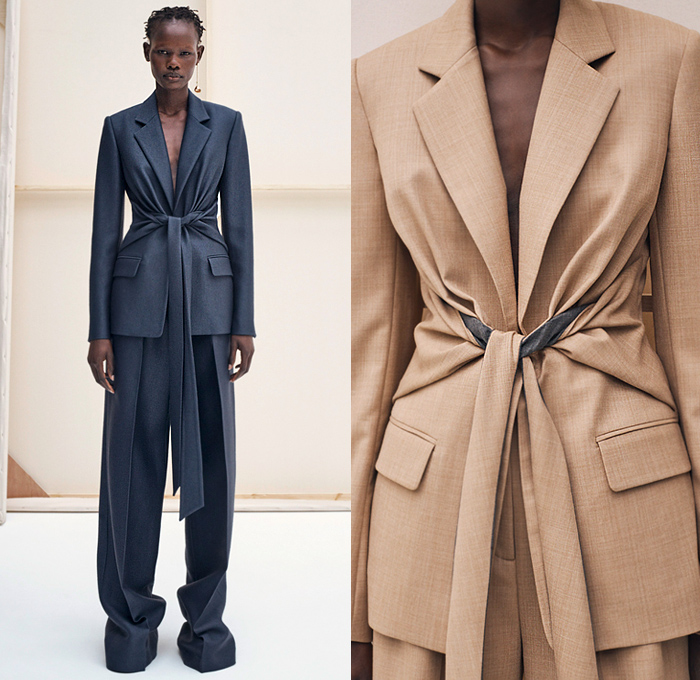 Gabriela Hearst 2020 Resort Cruise Pre-Spring Womens Lookbook Presentation - Wool Silk Blazer Crepe Dress Braided Leather Corset Suede Denim Jeans Trench Coat Fringes Threads Grommets Bodice Stitched Panels Cashmere Aloe Linen Herringbone Lace Embroidery Mesh Skirt Accordion Pleats Cutout Waist Noodle Strap Dress Wide Belt Tied Knotted Pantsuit Slouchy Elongated Pants Slides