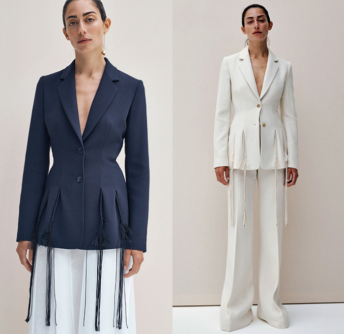 Gabriela Hearst 2020 Resort Cruise Pre-Spring Womens Lookbook Presentation - Wool Silk Blazer Crepe Dress Braided Leather Corset Suede Denim Jeans Trench Coat Fringes Threads Grommets Bodice Stitched Panels Cashmere Aloe Linen Herringbone Lace Embroidery Mesh Skirt Accordion Pleats Cutout Waist Noodle Strap Dress Wide Belt Tied Knotted Pantsuit Slouchy Elongated Pants Slides