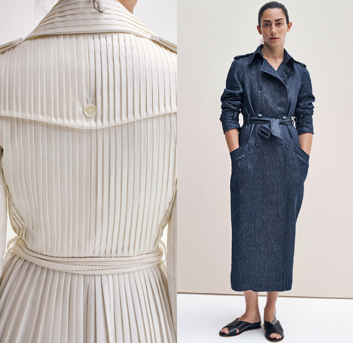 Gabriela Hearst 2020 Resort Cruise Pre-Spring Womens Lookbook Presentation - Wool Silk Blazer Crepe Dress Braided Leather Corset Suede Denim Jeans Trench Coat Fringes Threads Grommets Bodice Stitched Panels Cashmere Aloe Linen Herringbone Lace Embroidery Mesh Skirt Accordion Pleats Cutout Waist Noodle Strap Dress Wide Belt Tied Knotted Pantsuit Slouchy Elongated Pants Slides