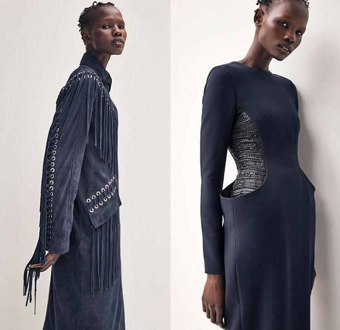 Gabriela Hearst 2020 Resort Cruise Pre-Spring Womens Lookbook Presentation - Wool Silk Blazer Crepe Dress Braided Leather Corset Suede Denim Jeans Trench Coat Fringes Threads Grommets Bodice Stitched Panels Cashmere Aloe Linen Herringbone Lace Embroidery Mesh Skirt Accordion Pleats Cutout Waist Noodle Strap Dress Wide Belt Tied Knotted Pantsuit Slouchy Elongated Pants Slides